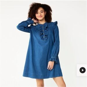 Draper James RSVP New Size L Jean Ruffle Long Sleeves Mini Dress Medium Wash